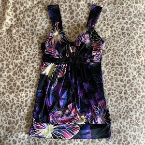 Vintage Floral Butterfly Beaded Black & Purple Tank